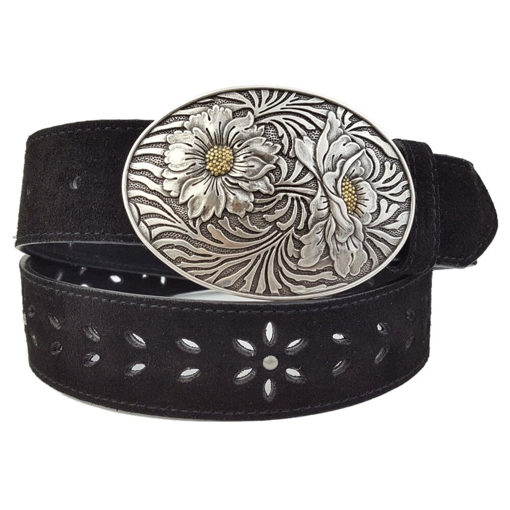 Genuine Suede Leather Belt w. Western Sunflower Buckle